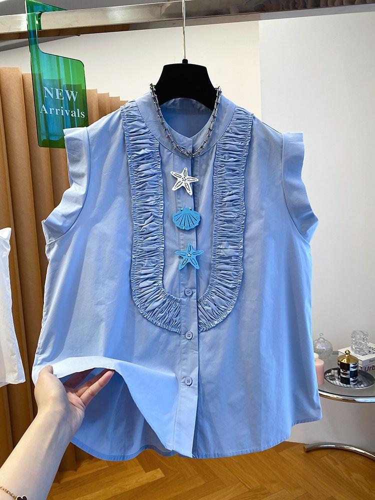 한 부서 민소매 여성 셔츠 여름 2026 새로운 루즈핏 캐주얼 고유 한 Chic 주름 자이언트 잘 생긴 작은 날다 소매 맨위