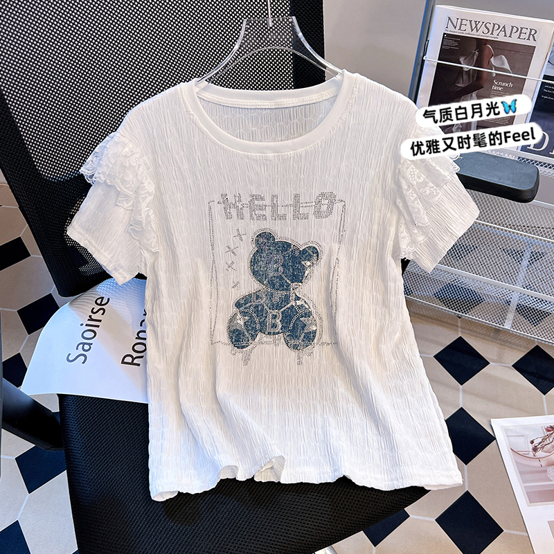 FA34449# 夏季白色蕾丝短袖新款圆领荷叶边T恤烫钻上衣 服裝批發女裝批發服飾貨源