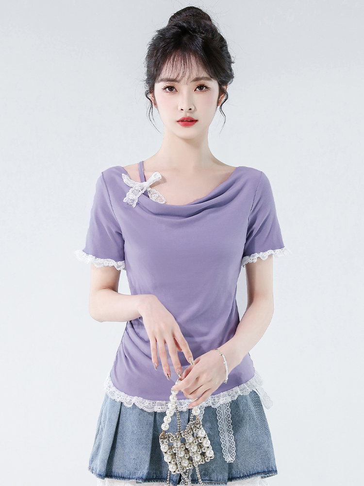 FA34444# 韩系甜美蝴蝶结假两件木耳边拼接短袖女夏季新款荡领上衣 服裝批發女裝批發服飾貨源