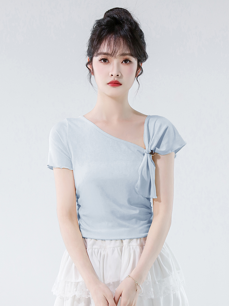FA34445# 斜领立体设计感短袖T恤女夏季新款修身扭结体恤上衣 服裝批發女裝批發服飾貨源
