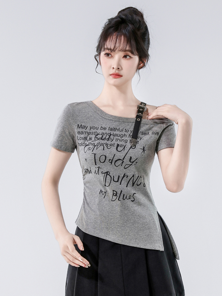 FA34447# 新款性感修身美式字母印花斜肩轻奢高级感短袖女上衣 服裝批發女裝批發服飾貨源