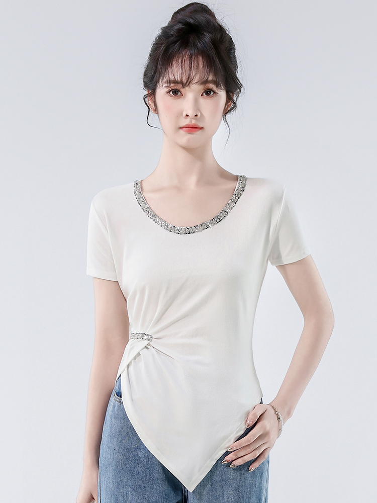 FA34446# 洋气圆领不规则钉珠褶皱收腰上衣女夏季收腰显瘦短袖正肩T恤 服裝批發女裝批發服飾貨源