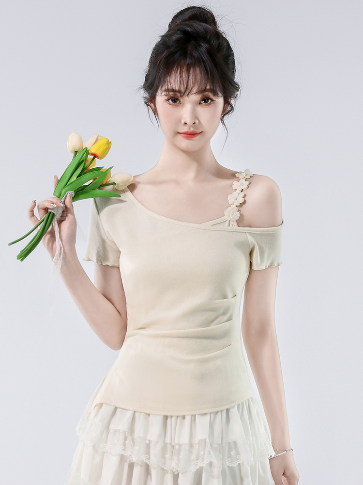 FA34442# 纯欲温柔减龄花边肩带短袖T恤女夏季甜辣妹斜肩修身上衣 服裝批發女裝批發服飾貨源