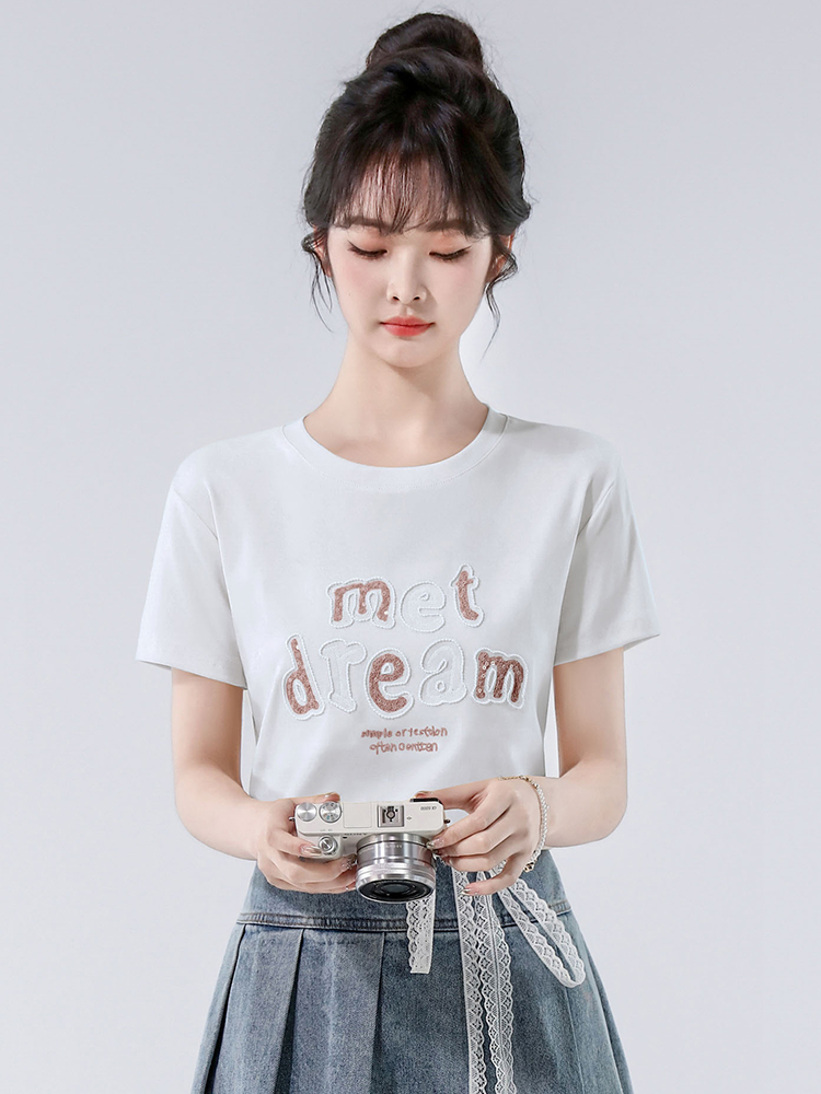 FA34443# 夏季新款时尚百搭字母珠片刺绣短袖T恤女上衣 服裝批發女裝批發服飾貨源
