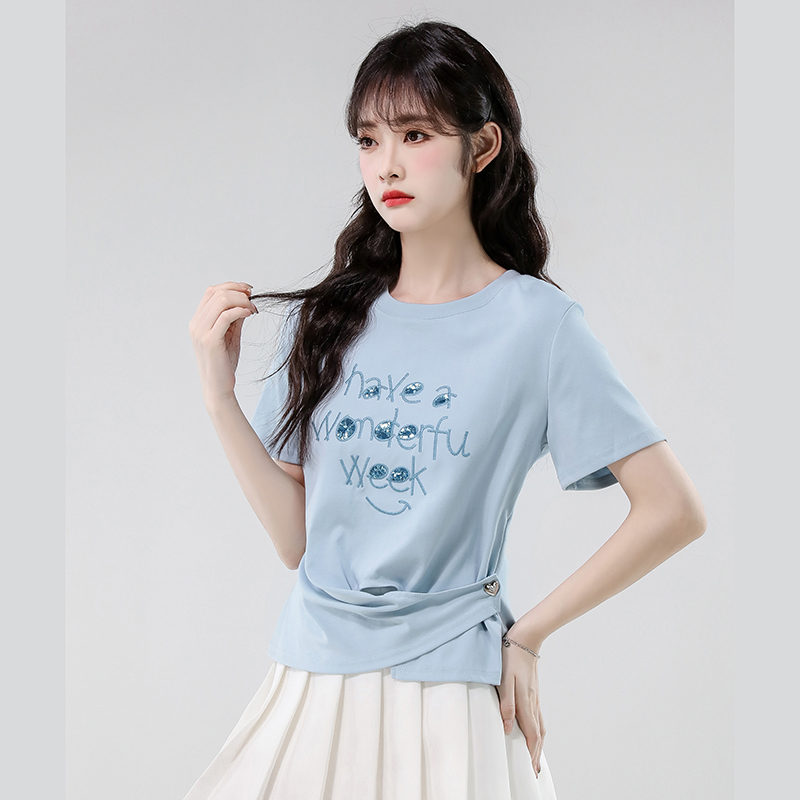 FA34436# 圆领短袖T恤女夏季绣花不规则收腰显瘦正肩体恤上衣 服裝批發女裝批發服飾貨源