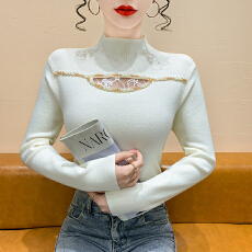 半高领蕾丝拼接毛衣打底衫重工钉珠打底衫秋冬新款洋气内搭长袖