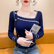 复古 重工钉珠藏蓝色方领长袖针织衫女秋冬新款洋气修身显瘦上衣