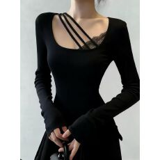 春上新！纯欲甜辣风带胸垫蕾丝拼接长袖T恤女斜绳设计小衫