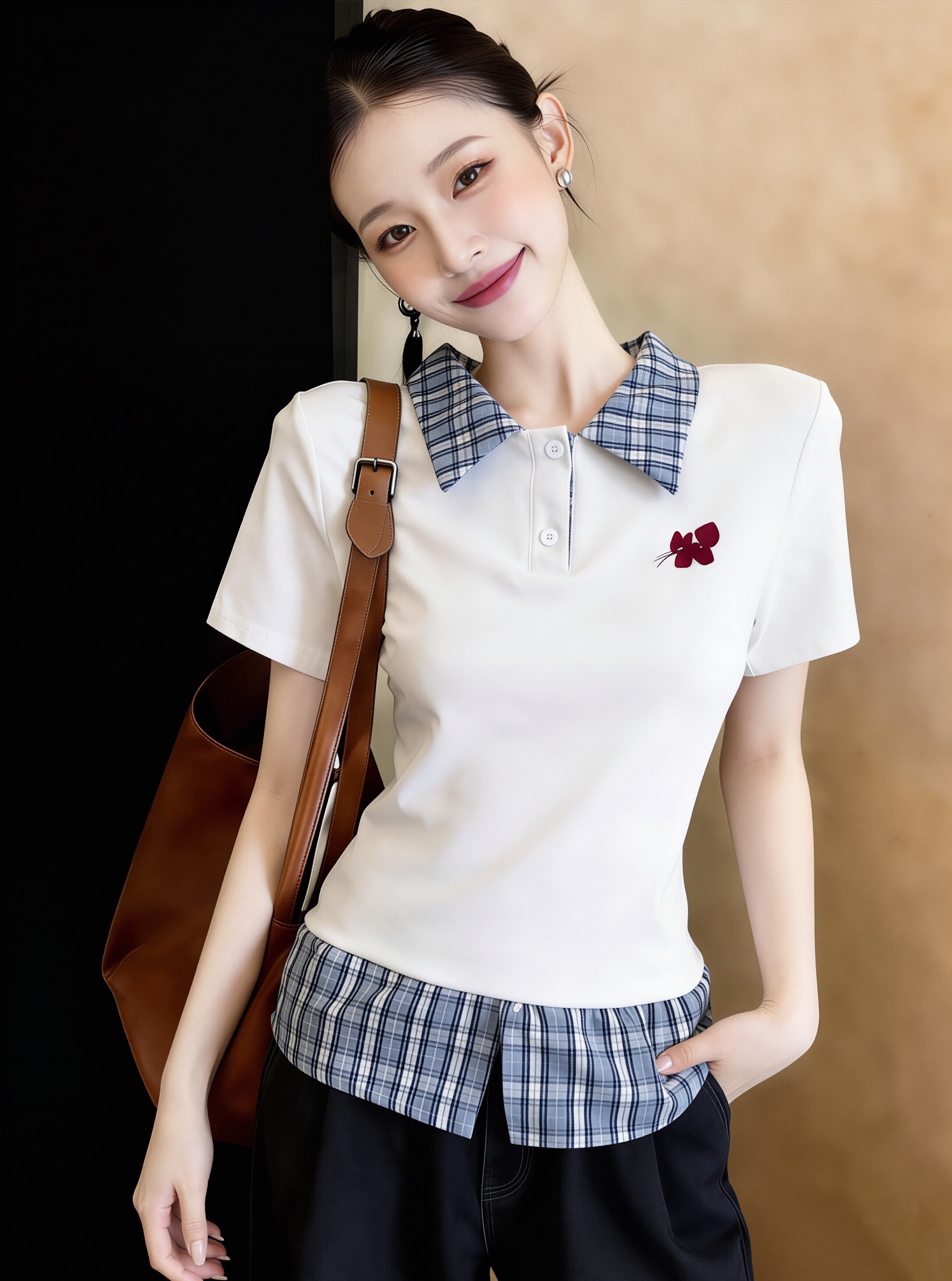 체크무늬 패치워크 페이크 레이어드 반팔 티셔츠 여성 2026 여름 새로운 몸매 가꾸기 다용도 슬림해 보이는 POLO 칼라 맨위 트렌디