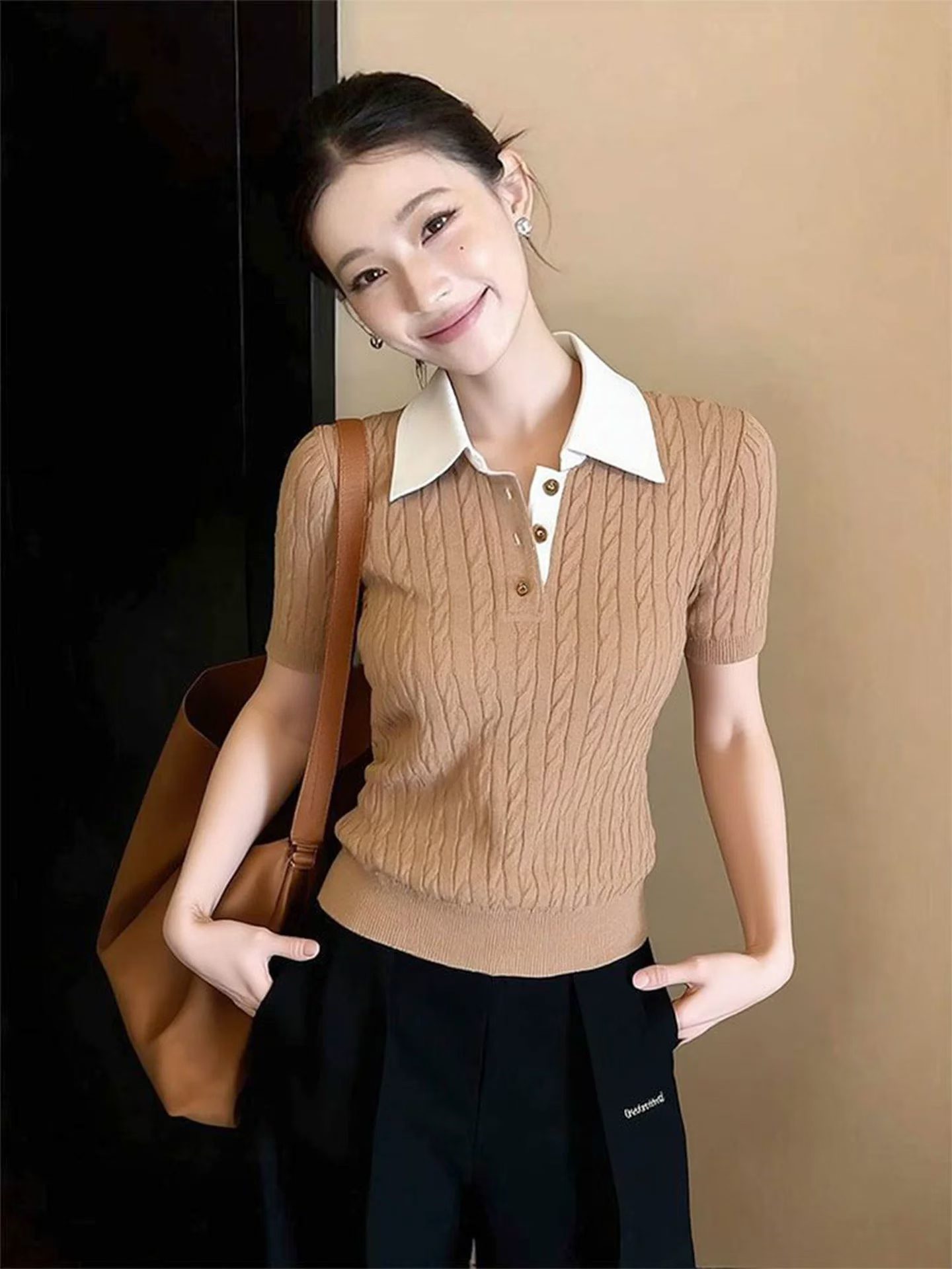 POLO 칼라 긍정적 인 어깨 반팔 니트 스웨터 여성 봄 ootd 빛 사람들 코치 착용 가져 가라. 이른 봄 품격 chic 작은 맨위