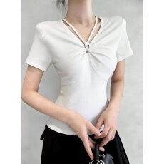 批发实拍春季复古辣妹褶皱v领<b class='q'>修身</b><b class='q'>打底衫</b>女内搭设计感显瘦长袖t恤上衣