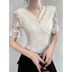 批发实拍 2026夏季新款拼接V领打底短袖<b class='q'>蕾丝</b>衫显瘦减龄透气单上衣