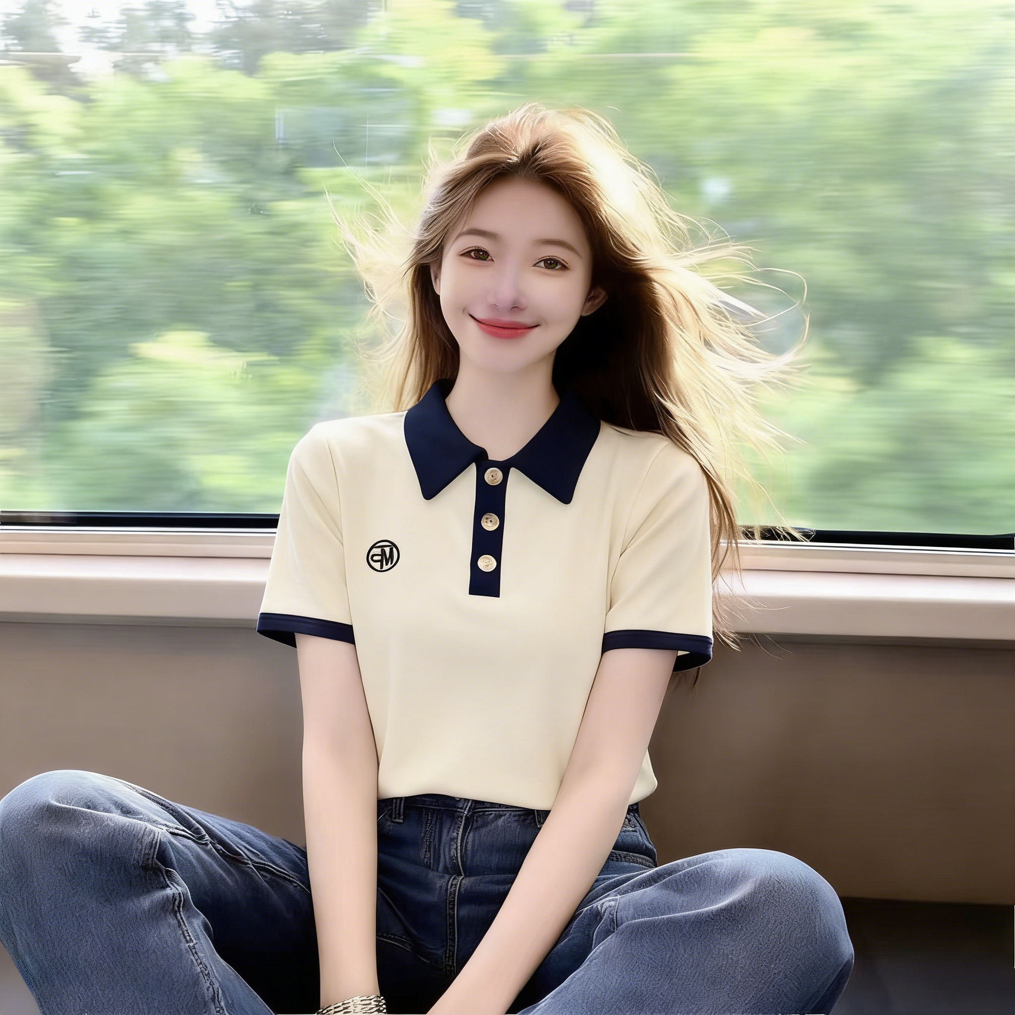 실사 긍정적 인 어깨 POLO 칼라 티셔츠 여성 여름 새로운 한국 스타일 배색 디자인 센스 몸매 가꾸기 슬림해 보이는 반팔 맨위