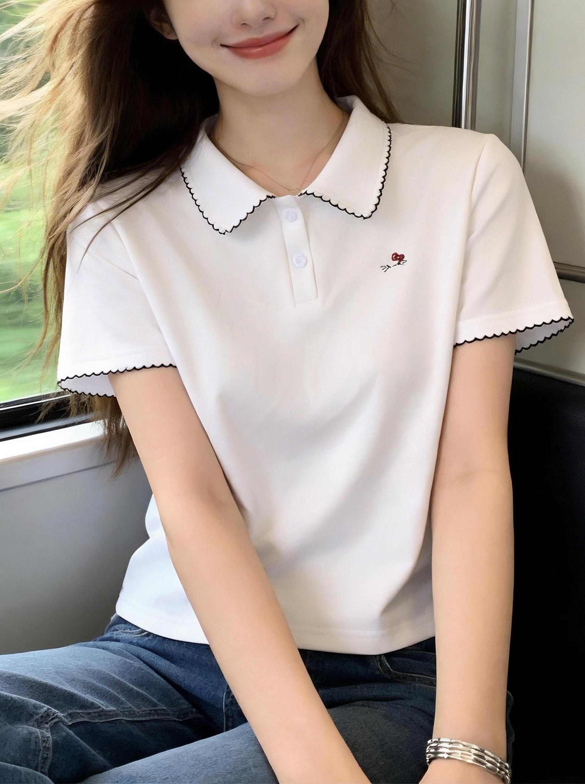 POLO 칼라 긍정적 인 어깨 반팔 티셔츠 여성 여름 2026 년 새로운 고유 한 아름다운 Chic 작은 대중 아니요 명중 섹션 맨위