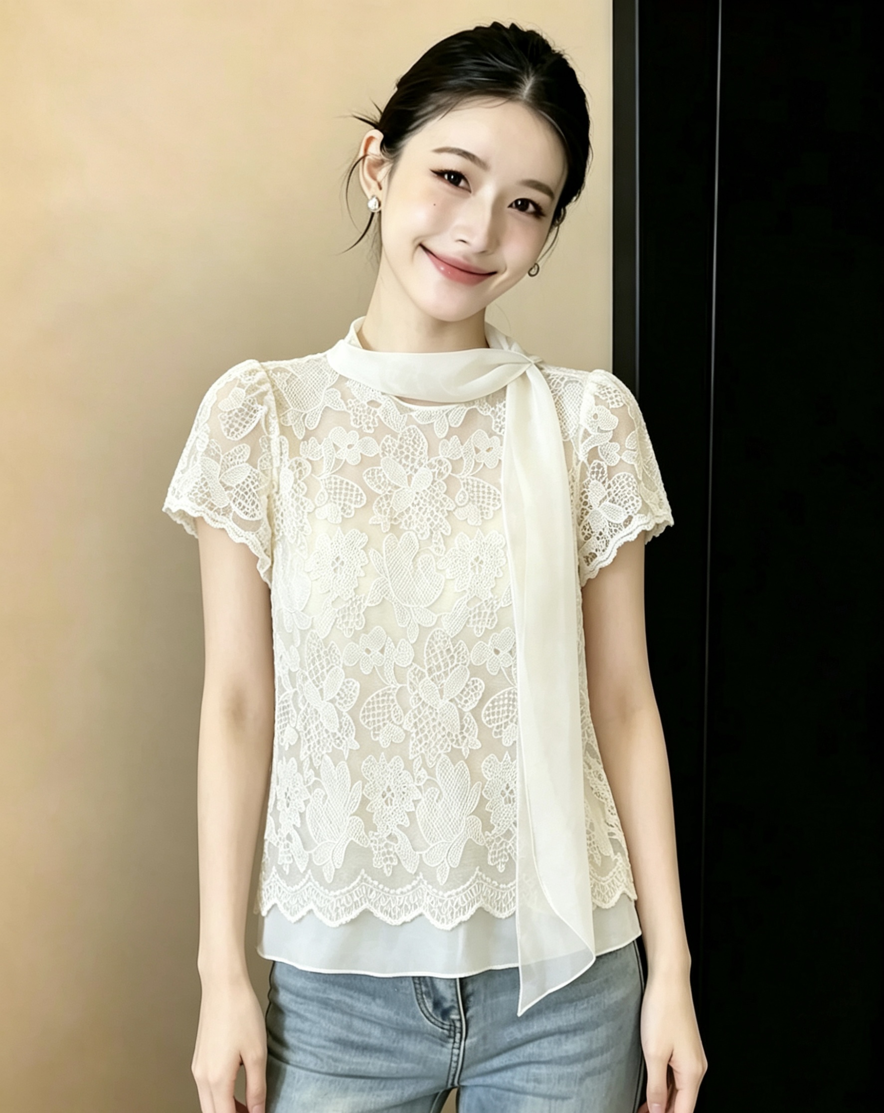 작은 대중 한 바람 디자인 센스 자수 홀로우 아웃 레이스 2026 여름 새로운 프랑스식 반팔 연령 감소 다용도 맨위 여성