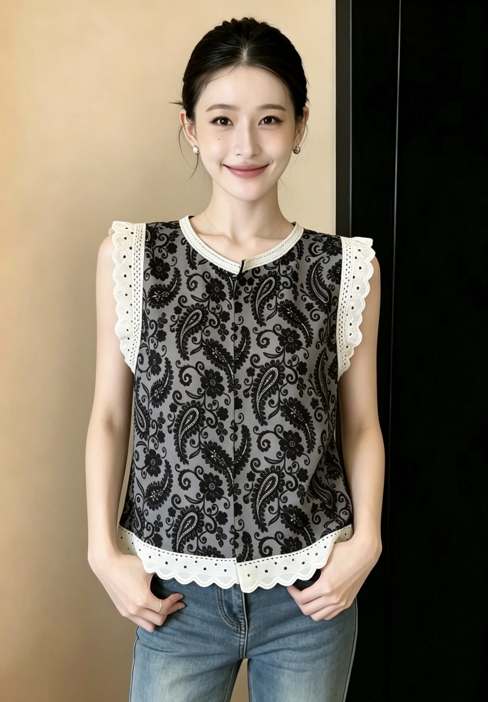 실사 2026 여름 달콤함 연령 감소 레이스 꽃 셔츠 레트로 프린트 루즈핏 민소매 조끼 맨위 작은 셔츠