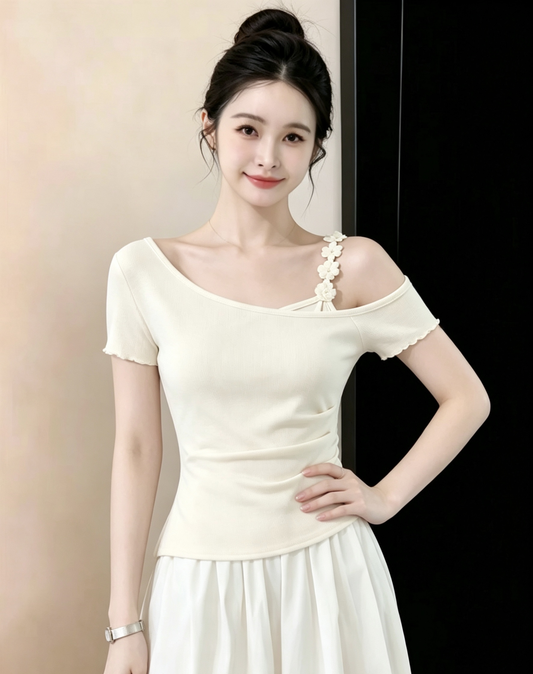 RY4228# 实拍纯欲温柔减龄花边肩带短袖T恤女夏季甜辣妹斜肩修身上衣