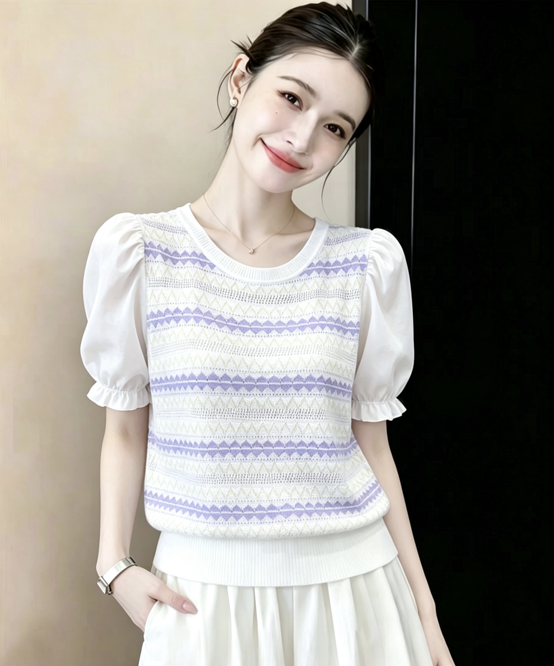 RY4230# 实拍 冰丝针织短袖t恤女装夏装2026年泡泡袖宽松百搭条纹...
