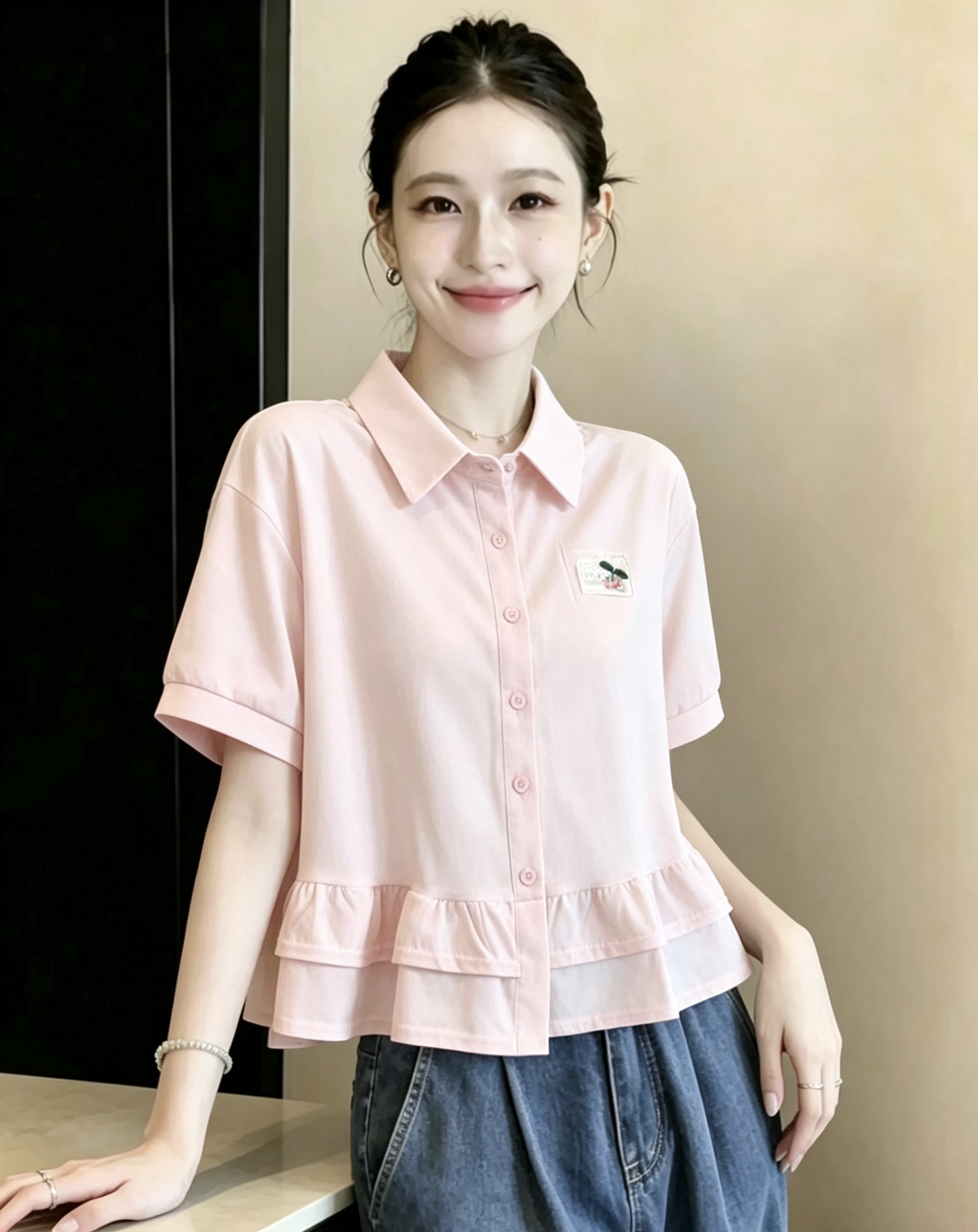 RY4225# 法式荷叶边衬衫女夏季新款短袖衬衣学院风气质显瘦小衫百搭上衣