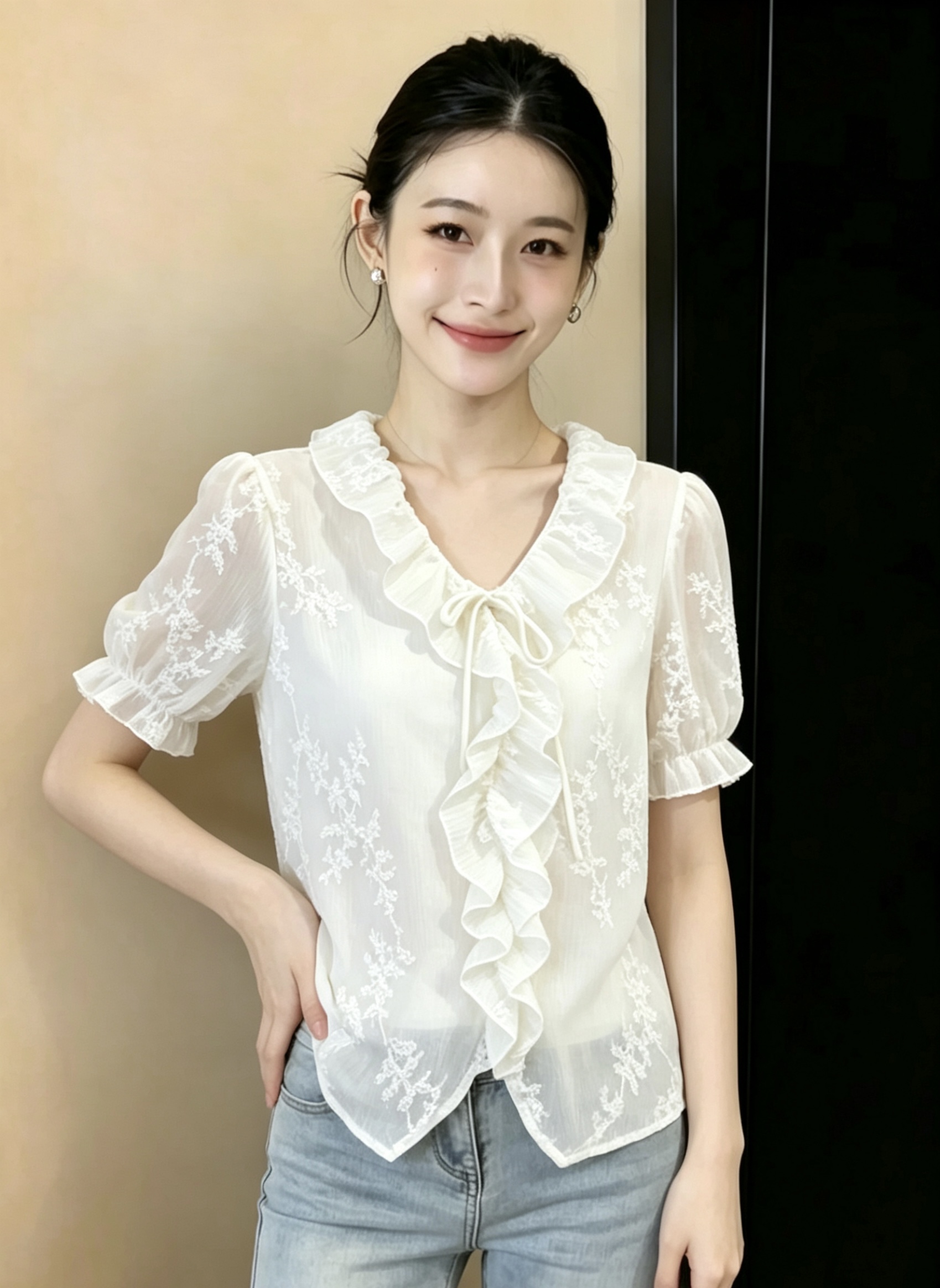 RY4226# 法式甜美蕾丝短袖衬衫新款蝴蝶结温柔风气质显瘦打底外穿上衣