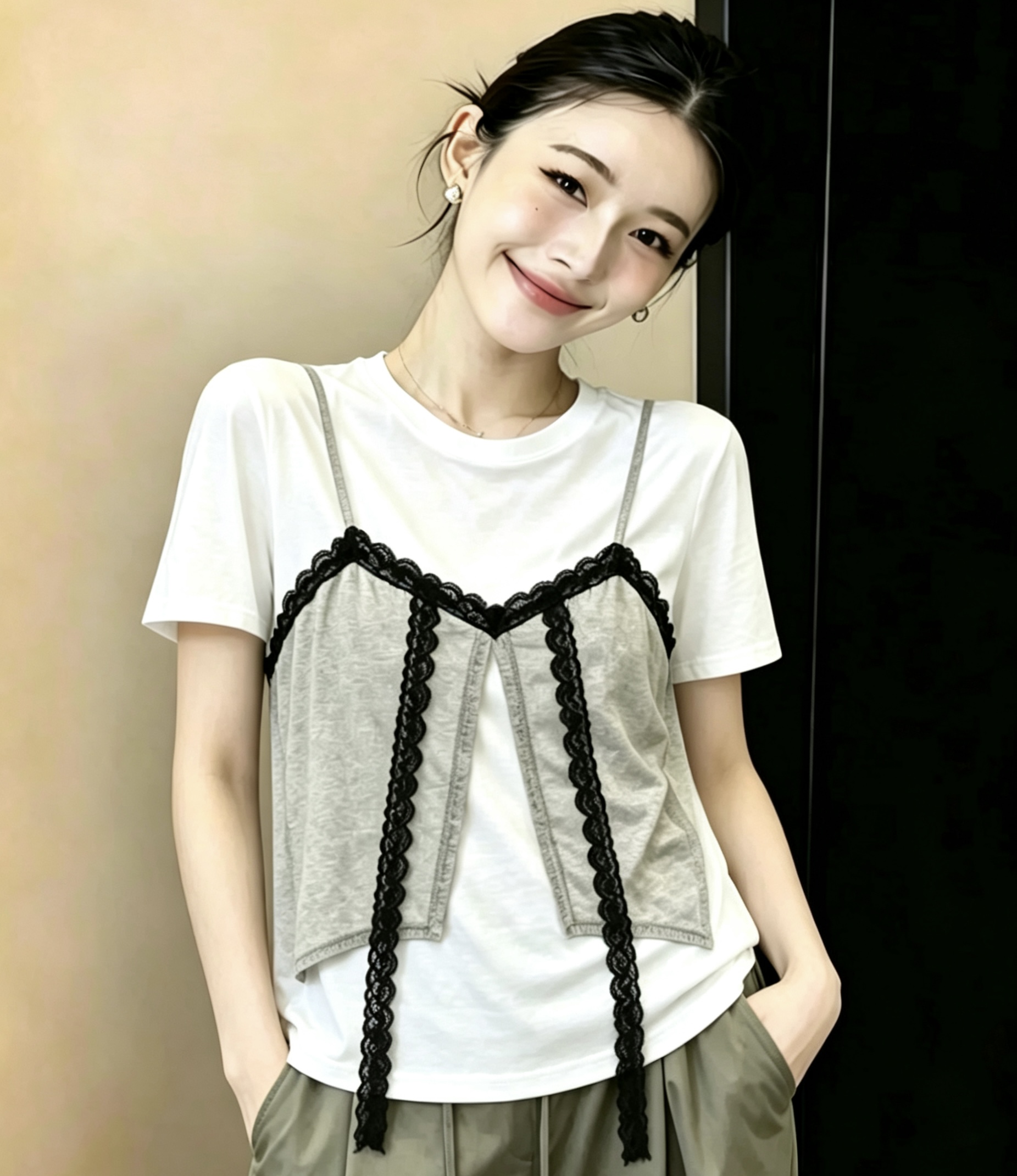 BY28277# 拼接蕾丝吊带...