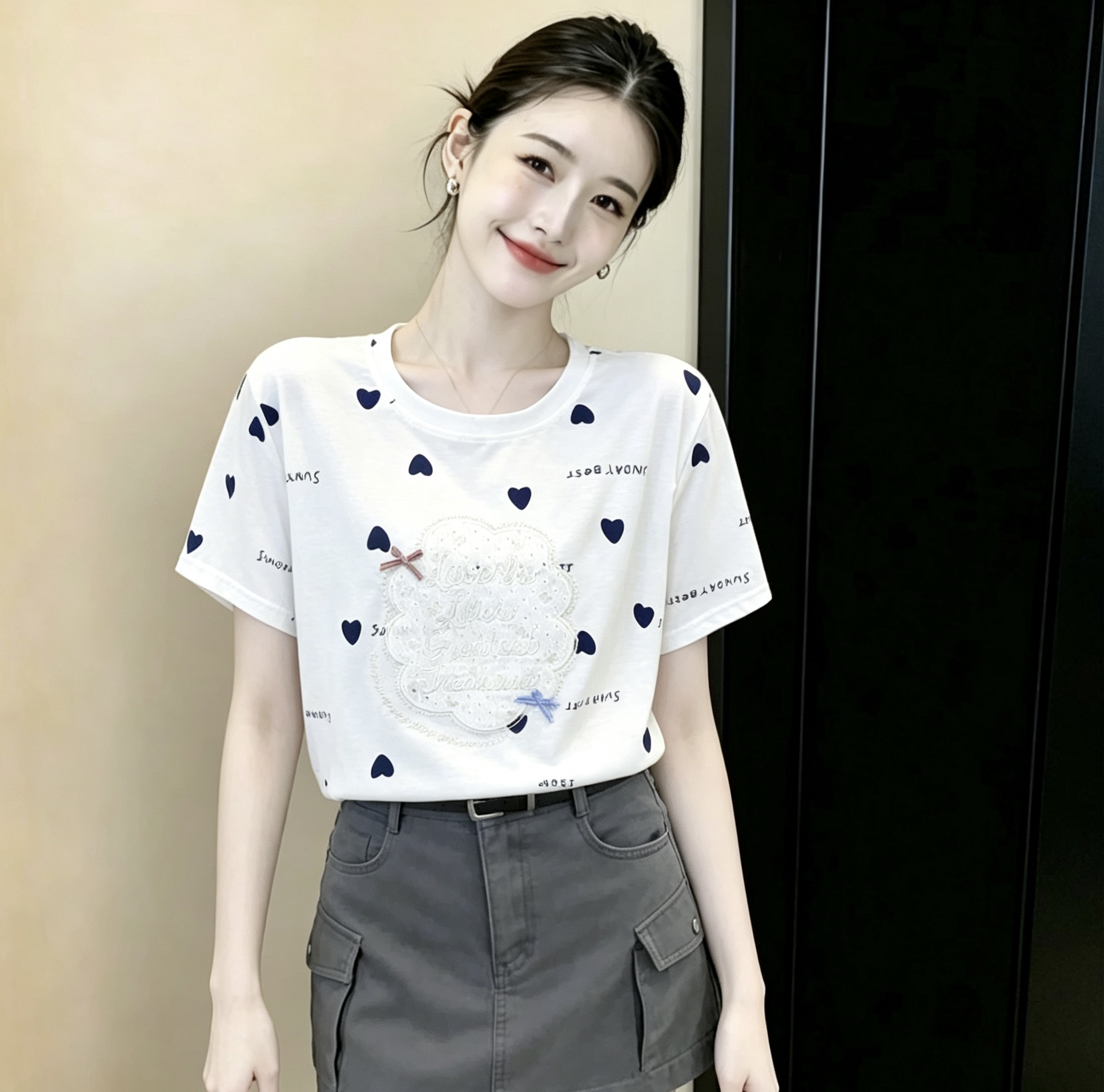 BY28276# 纯棉短袖t恤女夏季女装新品印花刺绣宽松半袖慵懒风衣 服裝批發女裝批發服飾貨源