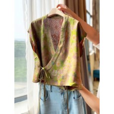 批发绿色提花V领斜襟短袖衬衫女夏季新中式绑带<b class='q'>上衣</b>短款国风复古衬衣