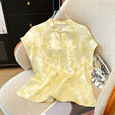 批发实拍国风上衣女夏新中式<b class='q'>缎面</b>提花立领小衫复古盘扣桑蚕丝无袖t恤