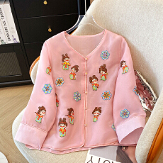 批发实拍独特漂亮欧根纱新中式国风外套复古桑蚕丝刺绣衬衫长袖开衫上