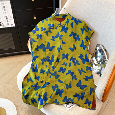 批发实拍新中式改良盘扣上衣女装夏季新款中国风绿色印花短袖唐装衬衣