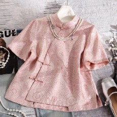 批发粉色八达运夏季真丝宋锦上衣<b class='q'>短袖</b>提花优雅国风复古新中式唐装<b class='q'>衬衫</b>