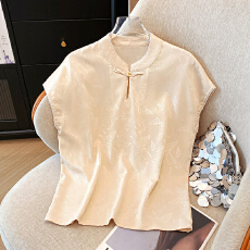 批发实拍新中式蝴蝶提花短袖T恤衫女设计夏季复古立领休闲轻国风衬衫