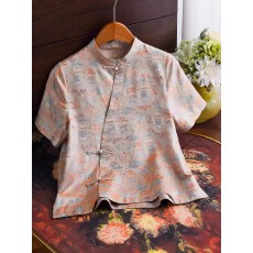 批发新中式国风上衣改良<b class='q'>旗袍</b>斜襟<b class='q'>真丝</b>提花衬衫女夏季立领盘扣小衫