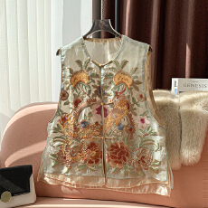 批发新中式真丝桑蚕丝<b class='q'>欧根纱</b>马甲背心女2025夏季新款高端国风刺绣上衣