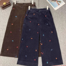 批发2025秋季新款中腰刺绣腰果花灯芯绒直筒休闲裤