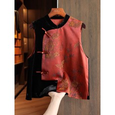 批发复古提花新中式马甲<b class='q'>背心</b>女士立领<b class='q'>真丝</b>丝绒改良斜襟盘扣轻国风上衣