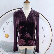 批发欧洲站2026春季新款新中式V领拼接弹力网桑蚕丝丝绒上衣女装