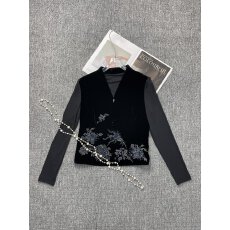 批发欧洲站2026春季新款新中式V领拼接弹力网桑蚕丝丝绒上衣女装