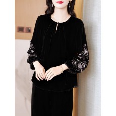 批发秋季高端时尚优雅刺绣金丝绒圆领<b class='q'>衬衫女</b>2025新款宽松休闲<b class='q'>长袖</b>上衣