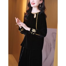 批发2025秋新款新中式真丝丝绒衬衫上衣女桑蚕丝t恤刺绣<b class='q'>长袖</b>小衫