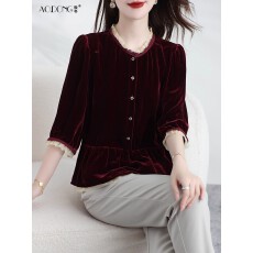 批发新款高级纯色真丝丝绒上衣女桑蚕丝妈妈时尚气质洋气别致小衫秋