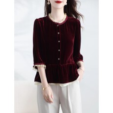 批发新款高级纯色真丝丝绒上衣女桑蚕丝妈妈时尚气质洋气别致小衫春季