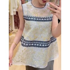 批发欧洲站夏季新中式国风刺绣珠<b class='q'>欧根纱</b>透视宽松无袖衬衫上衣女