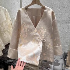 批发新中式国风V领提花高级感<b class='q'>外套</b>禅意<b class='q'>女装</b>改良唐装开衫上衣2026新款