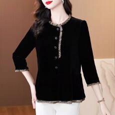 批发洋气减龄蕾丝花边丝绒衬衫女2026春季新款<b class='q'>妈妈</b>遮肚子显瘦小衫上衣