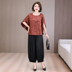 批发夏季大码高端香云纱<b class='q'>套装</b>蝙蝠袖真丝上衣宽松阔腿裤洋气<b class='q'>妈妈</b>两件套