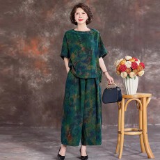 批发高档<b class='q'>妈妈</b>真丝香云纱<b class='q'>套装</b>夏新款时尚洋气大码宽松显瘦阔腿裤两件套