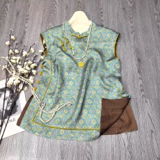 批发气质显贵青绿宝相花斜襟盘扣复古国风古韵改良<b class='q'>旗袍</b>唐装小衫香云纱