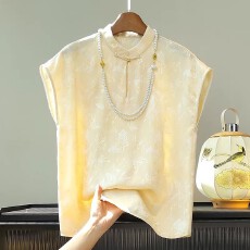 批发新中式蝴蝶提花短袖T恤衫女<b class='q'>原创</b><b class='q'>设计</b>夏季复古立领休闲轻国风衬衫