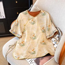 批发高级衬衫女短袖刺绣提花新中式国风上衣斜襟系带宽松唐装夏